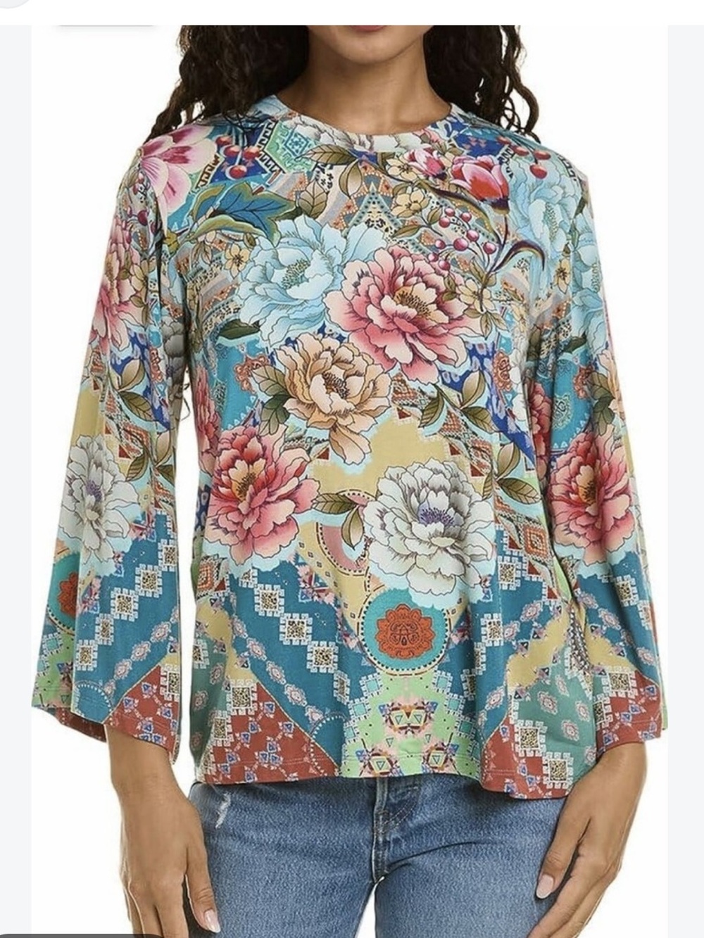 Johnny Was Prisma Flower Bell Sleeve Blouse. Stretchy! Patchwork. Boho. Bold. XS